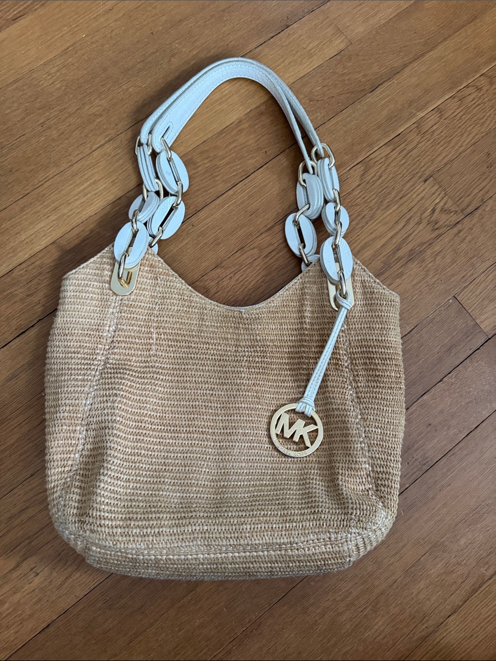 MICHAEL KORS WOVEN STRAW RAFFIA AND LEATHER SUMMER SHOULDER TOTE